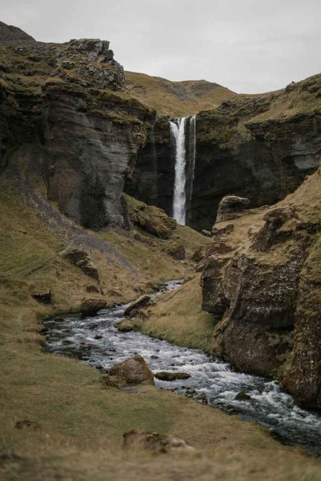 landscape near hidden kvernufoss waterfall in iceland